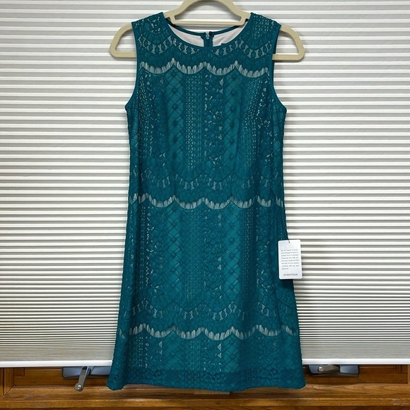 Adrianna Papell NWT Teal Green Sleeveless Lace Shift Dress Size 2P - Picture 1 of 12